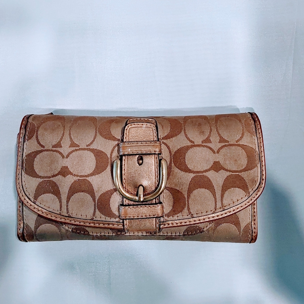 - Coach  signature canvas snap wallet tan / bronze